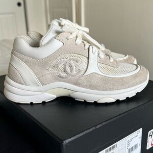 CHANEL Mesh Suede Calfskin Grained Calfskin Womens CC Sneakers 36 White Grey